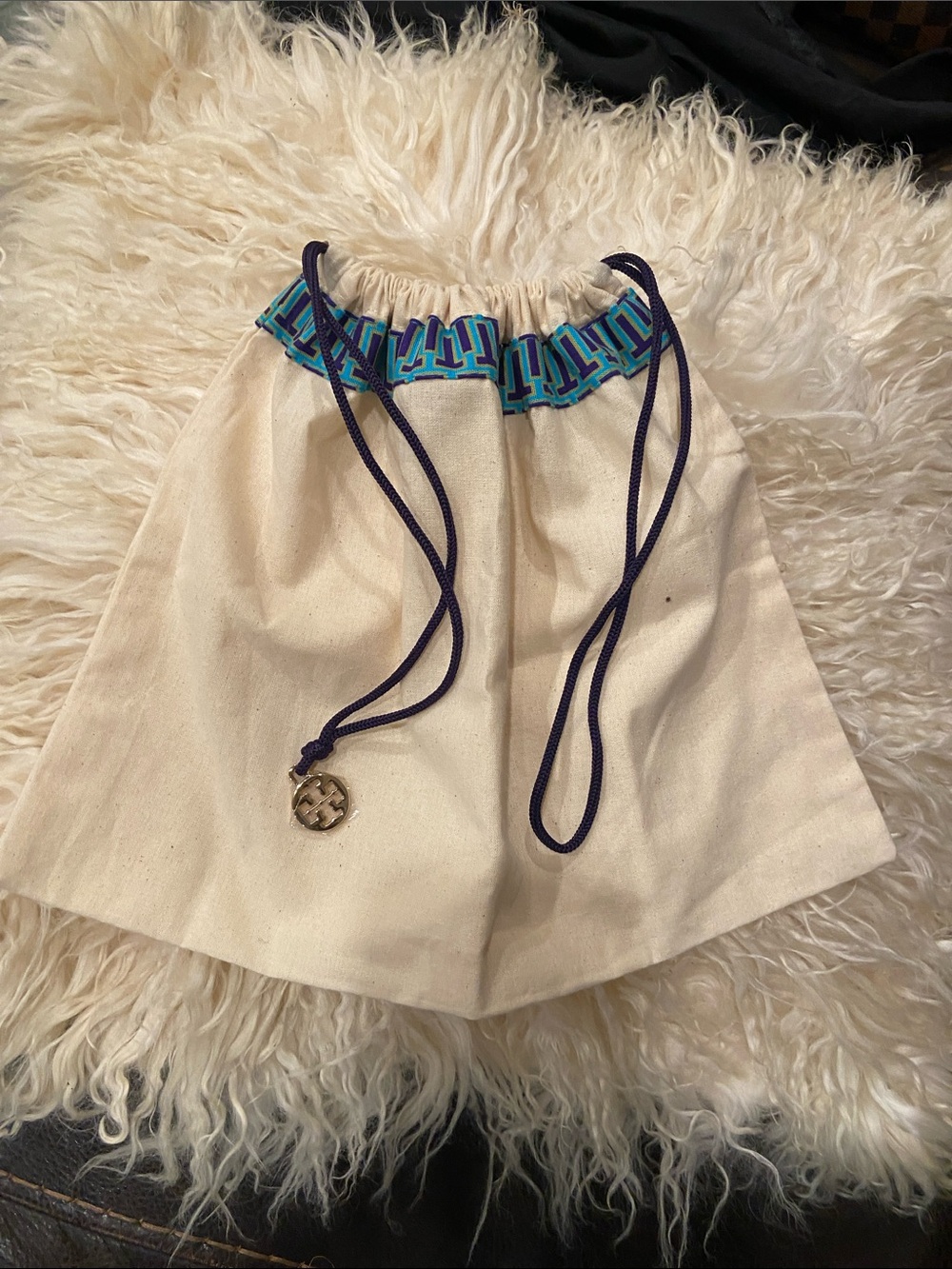 Tory Burch Cream Dust Cloth with Blue and Teal Trim 12/9 perfect for small purse